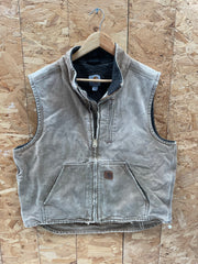 Vintage 90s Carhartt Men's Size L Distressed Tan Insulated Duck Canvas Zip-Up Vest
