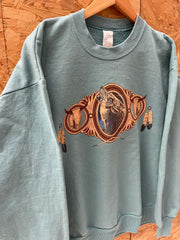 Vintage 90s Crewneck Sweatshirt Teal Wolf Native American Design Size L