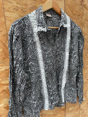 Cherimoya 48 Black & White Paisley Print Blouse Shirt Long Sleeve