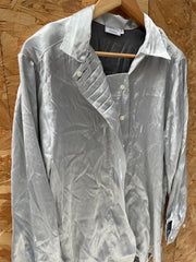 Vintage 80s Silver Satin Long Sleeve Button Up Embellished Blouse Size 38