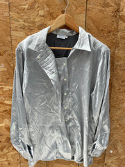Vintage 80s Silver Satin Long Sleeve Button Up Embellished Blouse Size 38