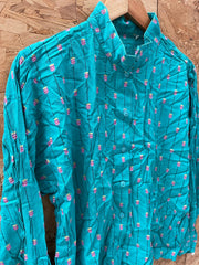 Vintage 80s Teal Button-Down Ladies Blouse with Pattern - Size M/S