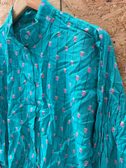 Vintage 80s Teal Button-Down Ladies Blouse with Pattern - Size M/S