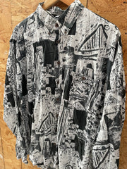 Vintage 90s Black & White Abstract Print Long Sleeve Ugly Shirt Size XL