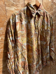 Vintage 90s Mustard Yellow Brown Abstract Print Long Sleeve Button Up Ugly Shirt Size L