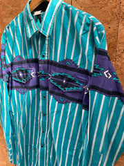Vintage 90s Roper Turquoise Purple Stripes L/S Mens Western Cowboy Shirt L