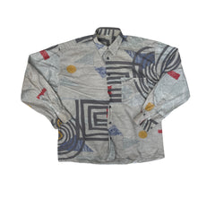 Vintage 90s Abstract Crazy Print Grey Long Sleeve Button Up Ugly Shirt - Size L