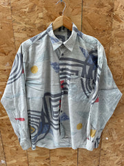 Vintage 90s Abstract Crazy Print Grey Long Sleeve Button Up Ugly Shirt - Size L