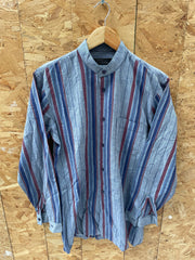 Vintage 80s Striped Mandarin Collar Long Sleeve Shirt Mens Size M