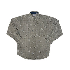 Vintage Bugle Boy Company Men's XL Geometric Beige & Black Pattern Long Sleeve Shirt