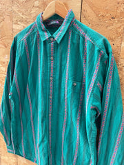 Vintage The North Face Men's L Green Striped Long Sleeve Aztec Western Shirt
