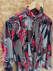 Vintage MOD Size M Red & Black Paisley Print Long Sleeve Button Up Shirt