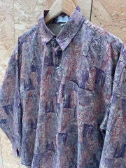 Vintage 90s Thai Silk XXl Abstract Crazy Print Long Sleeve Button Up Shirt