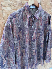 Vintage 90s Thai Silk XXl Abstract Crazy Print Long Sleeve Button Up Shirt