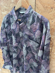 Vintage 80s Mens L Purple Silver Abstract Print Long Sleeve Ugly Shirt