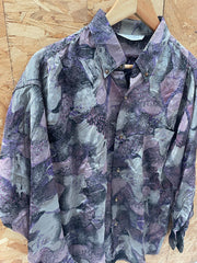 Vintage 80s Mens L Purple Silver Abstract Print Long Sleeve Ugly Shirt