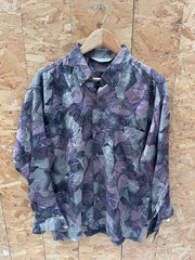 Vintage 80s Mens L Purple Silver Abstract Print Long Sleeve Ugly Shirt