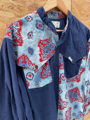Vintage 80s Blue Red Southwestern Pattern Cowboy Shirt Size L by Steppin' Out