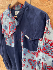 Vintage 80s Blue Red Southwestern Pattern Cowboy Shirt Size L by Steppin' Out