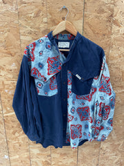 Vintage 80s Blue Red Southwestern Pattern Cowboy Shirt Size L by Steppin' Out