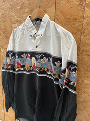 Vintage 90s Looney Tunes Western Cowboy Shirt - Size XL - Black & White