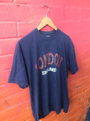 Vintage 90s London England UK tartan check spell out souvenir navy blue t shirt size large