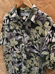 Vintage 90s rayon grey pastel green hibiscus pattern Hawaiian shirt size large