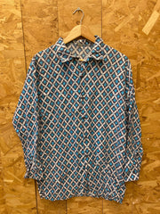 Vintage 70s blue white geometric rope paisley pattern pointed collar retro disco shirt size 42 large