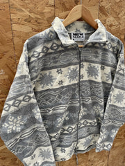 Vintage Nordic Crazy Fleece Jacket M Gray White Snowflake Pattern Zip Up Retro