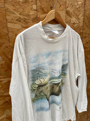 Vintage Wildlife Moose Landscape Long Sleeve Single Stitch T-Shirt White Size XL