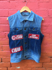 Vintage Y2K blue denim sleeveless MediaMarkt promo battle jacket red Japanese style patches size med