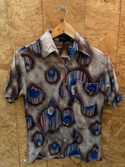 Vintage 80s nylon abstract droplets beige blue pattern shirt size small by Joel