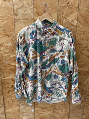 Vintage 90s yellow green beige abstract scrapbook pattern ugly print long sleeve shirt size large