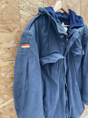 Vintage German Military Parka Jacket L Dark Blue Hooded Fur Lined Workwear