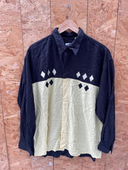 Vintage 90s pastel yellow black block panel harlequin rockabilly mod long sleeve relaxed shirt size