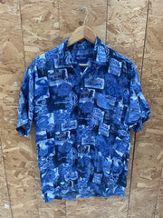 Vintage Gianni Ferozi Men's Blue Hawaiian Shirt Size M Summer Time Print