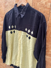 Vintage 90s pastel yellow black block panel harlequin rockabilly mod long sleeve relaxed shirt size