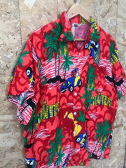Vintage 90s red yellow green blue cars rayon soft fabric city scene palm trees  tropical hawaiian sh