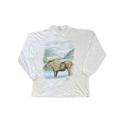 Vintage Wildlife Moose Landscape Long Sleeve Single Stitch T-Shirt White Size XL