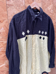 Vintage 90s pastel yellow black block panel harlequin rockabilly mod long sleeve relaxed shirt size