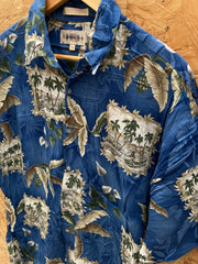 Vintage 90s viscose blue beige palm tree pattern Hawaiian shirt size large