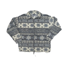 Vintage Nordic Crazy Fleece Jacket M Gray White Snowflake Pattern Zip Up Retro