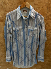Vintage70s white blue abstract pattern polyester western cowboy shirt size large