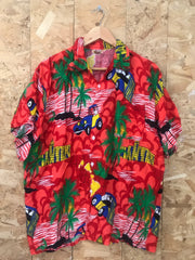 Vintage 90s red yellow green blue cars rayon soft fabric city scene palm trees  tropical hawaiian sh