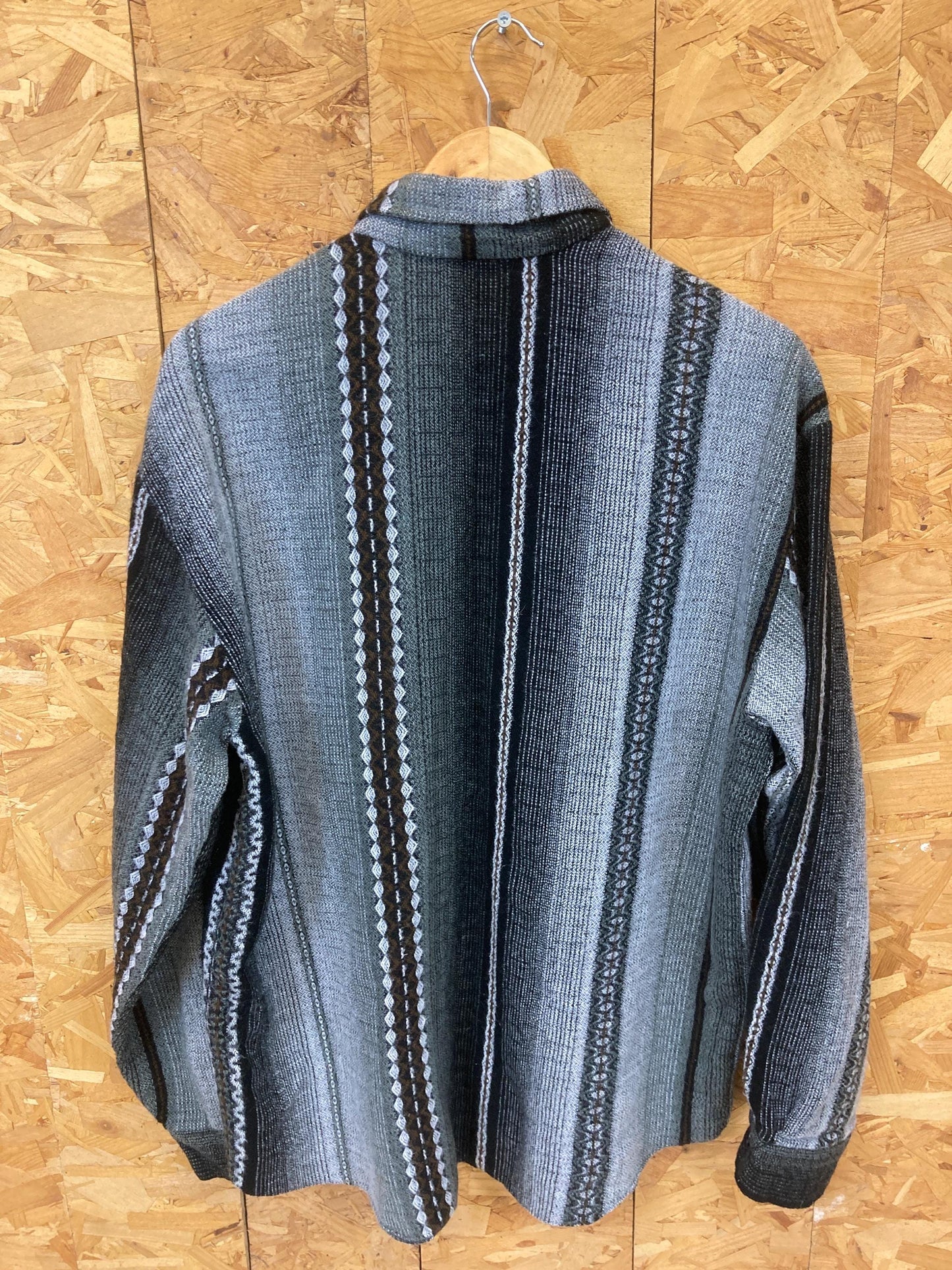 Vintage 90s black grey brown ethnic Navajo Aztec stripe wool mix men’s long sleeve shirt size large