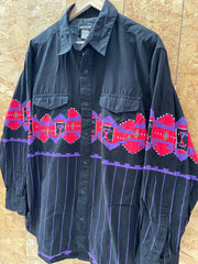 Vintage 90s black cotton western shirt with purple Aztec Navajo chest band pattern size large by Fro