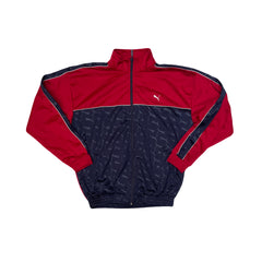 Puma Track Jacket Red Navy All Over Logo Print Full Zip Size Small