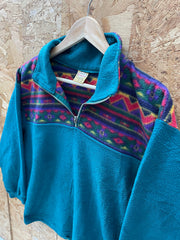 Vintage 90s turquoise block panel crazy print fleece size medium