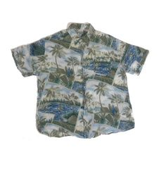 Vintage Y2K mens light green pale blue hibiscus palm trees print Hawaiian eccentric statement quirky