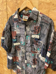 Vintage 90s ugly abstract scrapbook pattern 100% silk grungy grey brown shirt sleeve shirt size larg